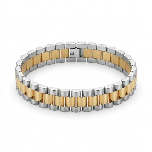 Two-Tone Triple Link Watch Strap Bracelet – Stainless Steel & Gold Finish