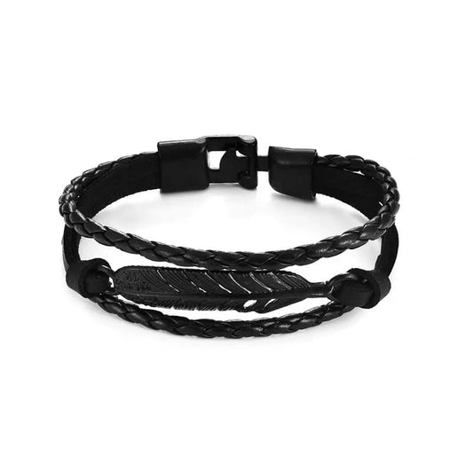 Midnight Feather Multi-Layer Leather Bracelet