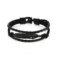 Multilayer Braided Leather Bracelet – Black Feather Charm Design