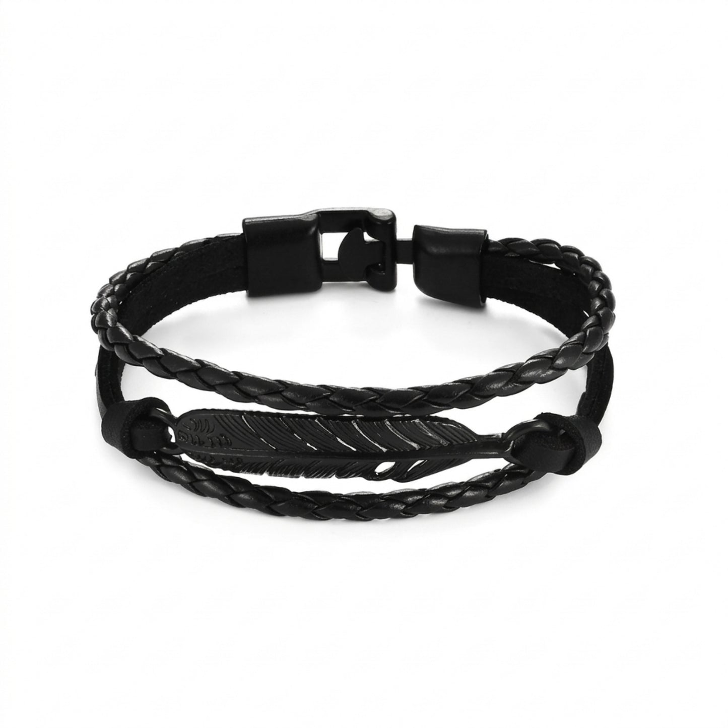 Multilayer Braided Leather Bracelet – Black Feather Charm Design