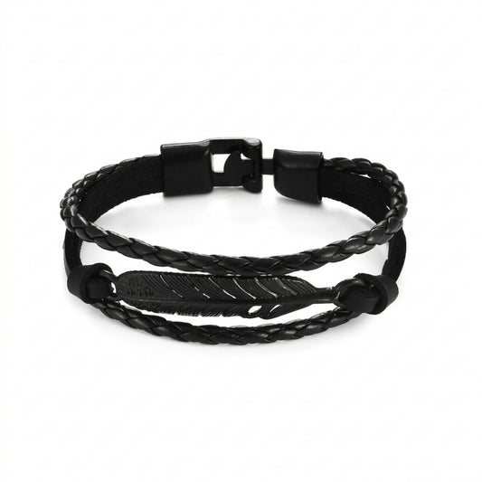 Multilayer Braided Leather Bracelet – Black Feather Charm Design
