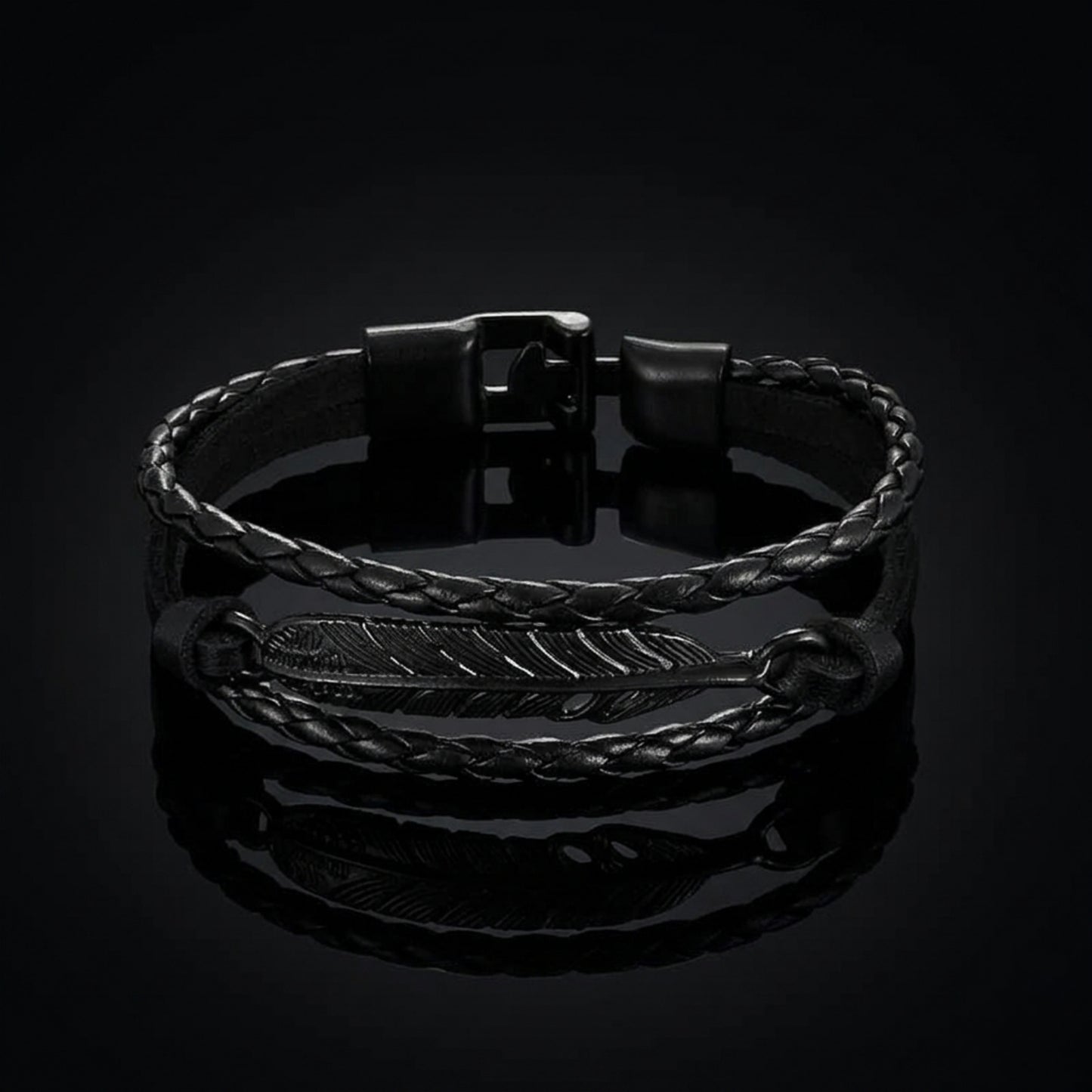Multilayer Braided Leather Bracelet – Black Feather Charm Design
