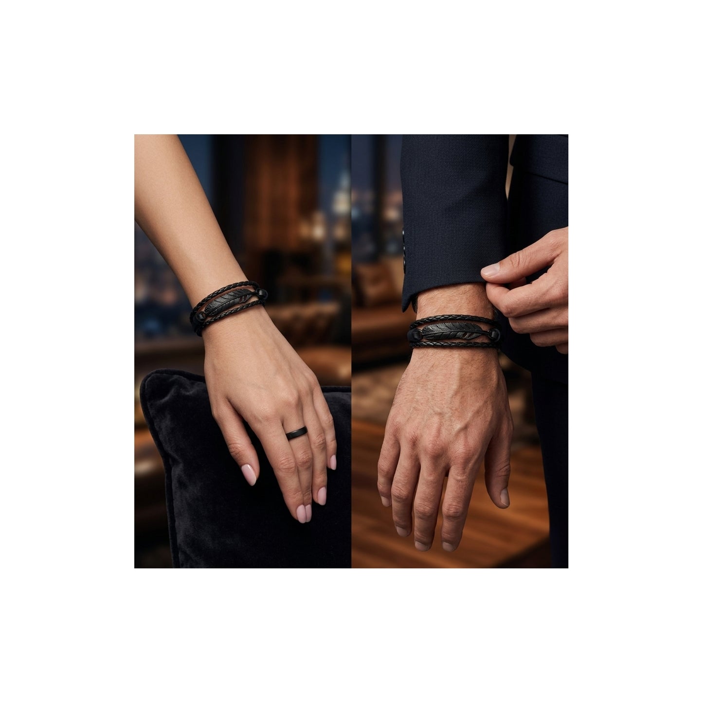 Multilayer Braided Leather Bracelet – Black Feather Charm Design