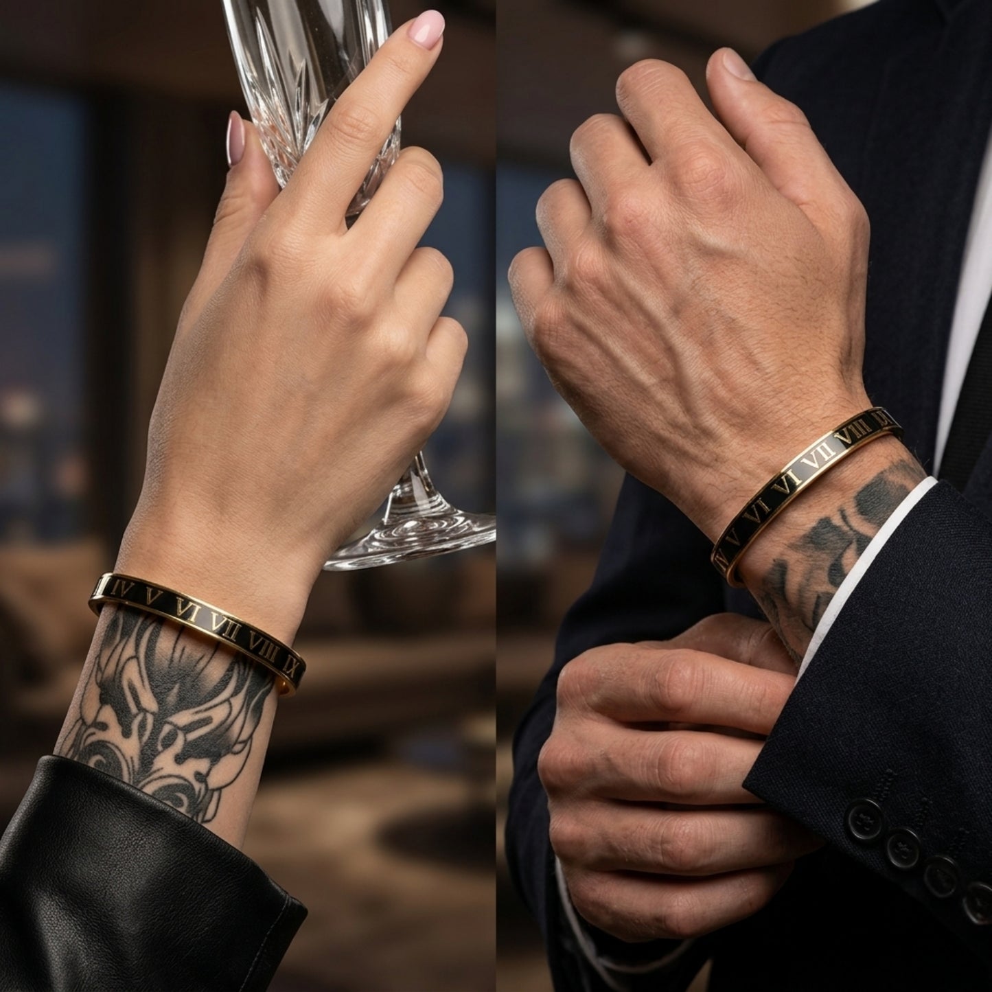 Roman Numeral Cuff Bracelet – Gold & Black Open Cuff Design