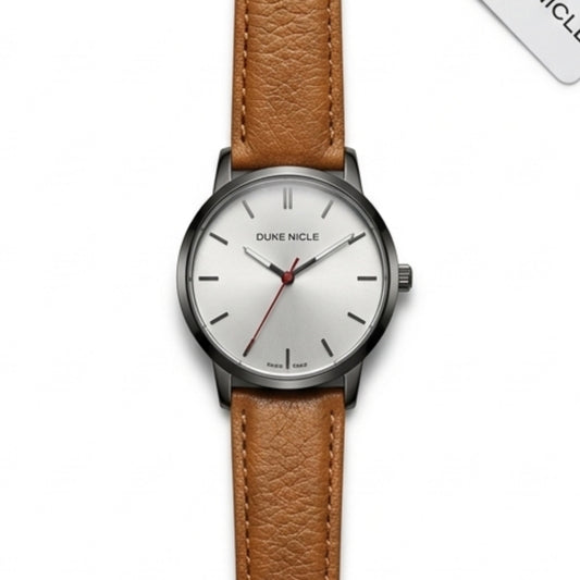 DUKE NICLE Modern Nordic Unisex Watch | Silver Dial Tan Brown Strap