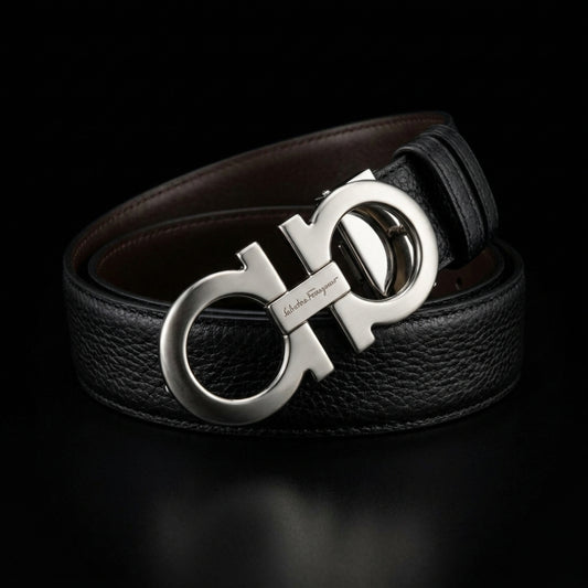 Ferragamo Reversible Leather Belt – Black with Gold & Silver Buckle Finish
