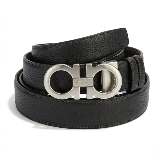 Ferragamo Reversible Leather Belt – Black with Gold & Silver Buckle Finish