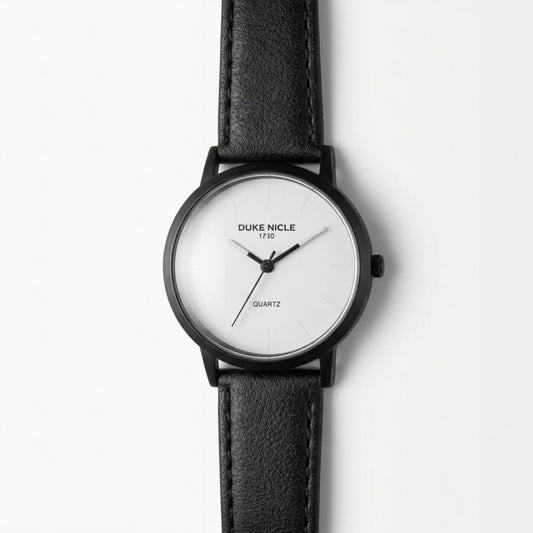DUKE NICLE 1730 Unisex Watch | White Dial Black Leather Strap