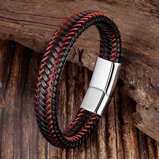 Braided Black & Red Leather Men’s Bracelet