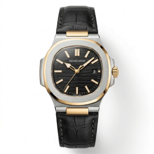 PADNEK NATUR Nautilus Style Watch | Two-Tone Case Black Leather Strap