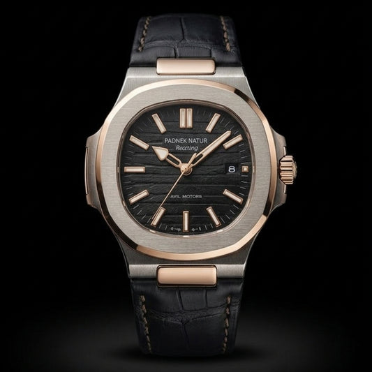 PADNEK NATUR Nautilus Style Watch | Two-Tone Case Black Leather Strap