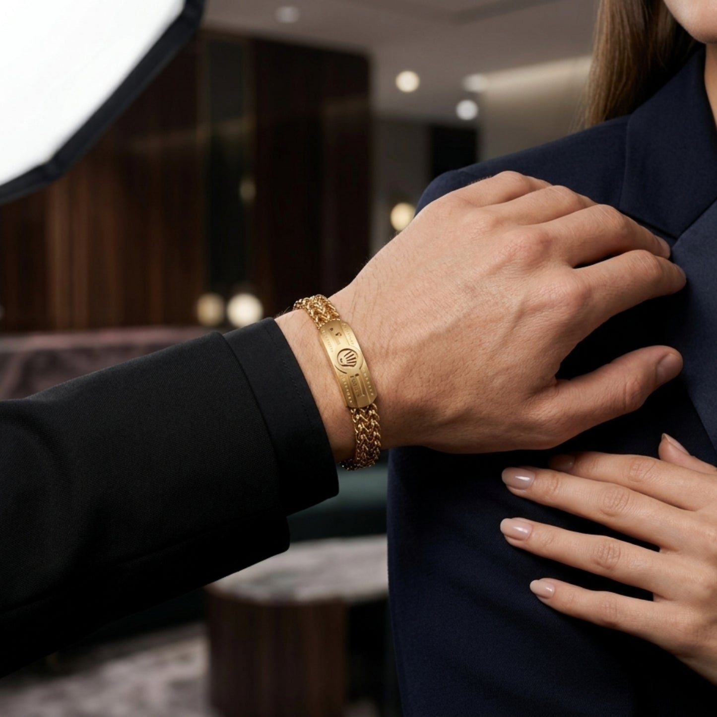 Iced Woven Chain ID Bracelet – Gold Tone Crown Design