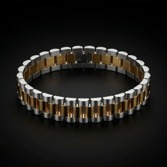 Two-Tone Triple Link Watch Strap Bracelet – Stainless Steel & Gold Finish