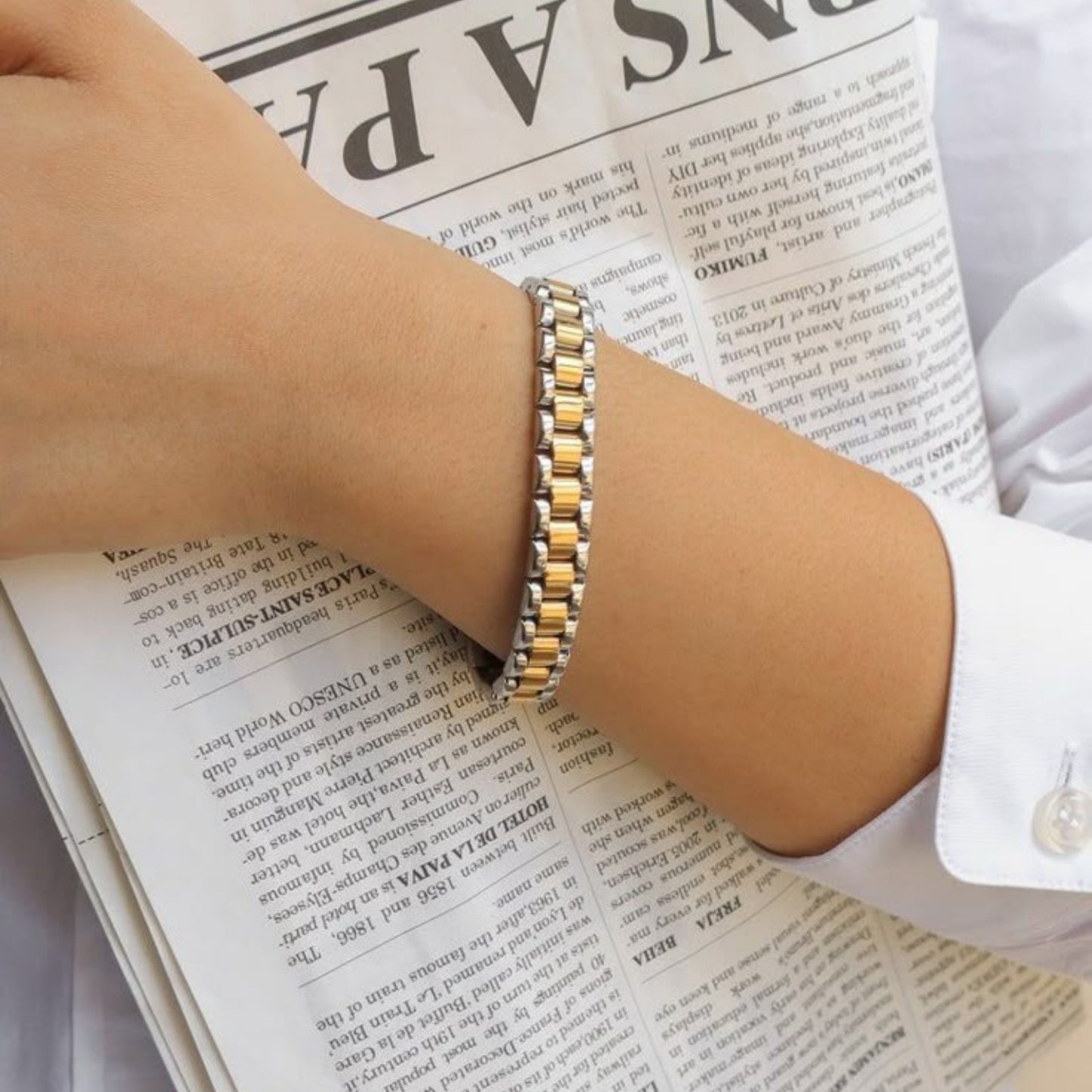 Two-Tone Triple Link Watch Strap Bracelet – Stainless Steel & Gold Finish