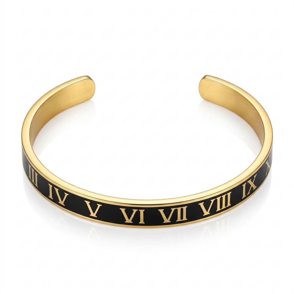 en’s Luxury Black Enamel Bangle with Gold Inlay