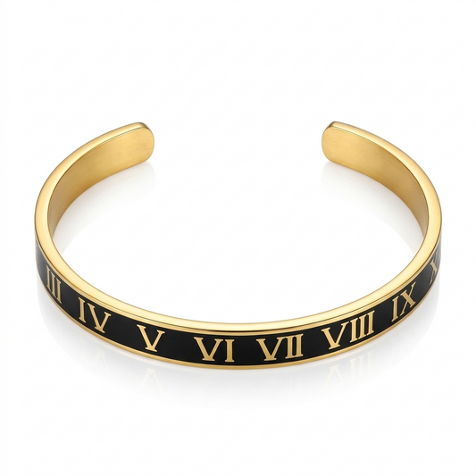 en’s Luxury Black Enamel Bangle with Gold Inlay
