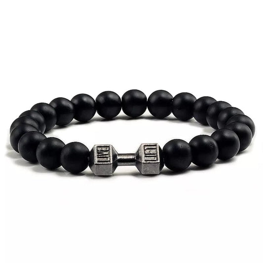 Matte Black Onyx & Steel Dumbbell Bracelet