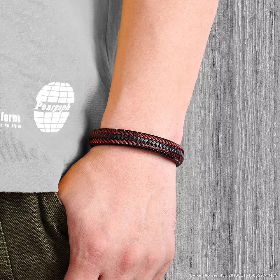 Braided Black & Red Leather Men’s Bracelet